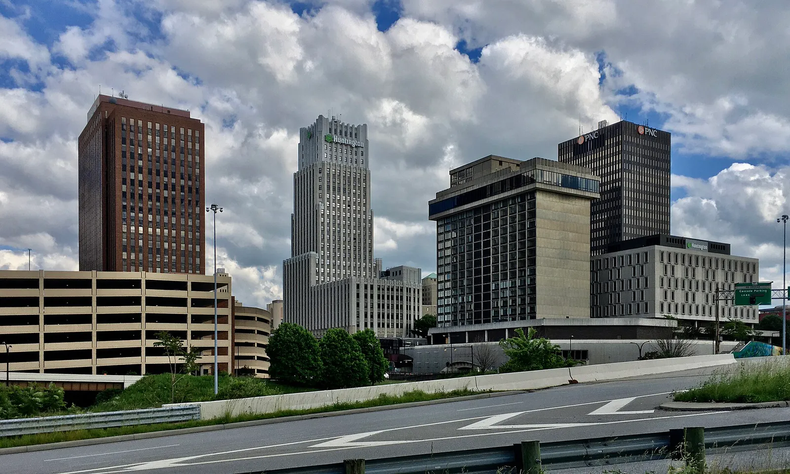 Downtown skyline as seen from Ohio & Erie Canalway at Martin Luther King Boulevard, Akron, Ohio - 20200530