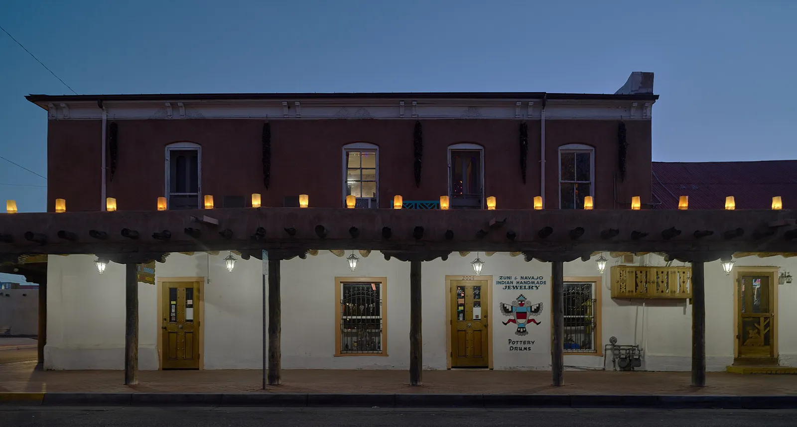 The Plaza Indian Trading Post, a shop on the central square, photographed during the Christmas holiday season, in the historic Old Town neighborhood of Albuquerque, the largest city in New Mexico