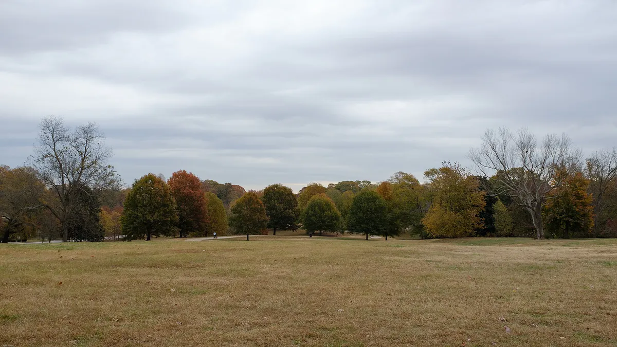 Gray sky and muted late fall colors in Freedom Park in Atlanta looking east from Moreland Avenue, Georgia
