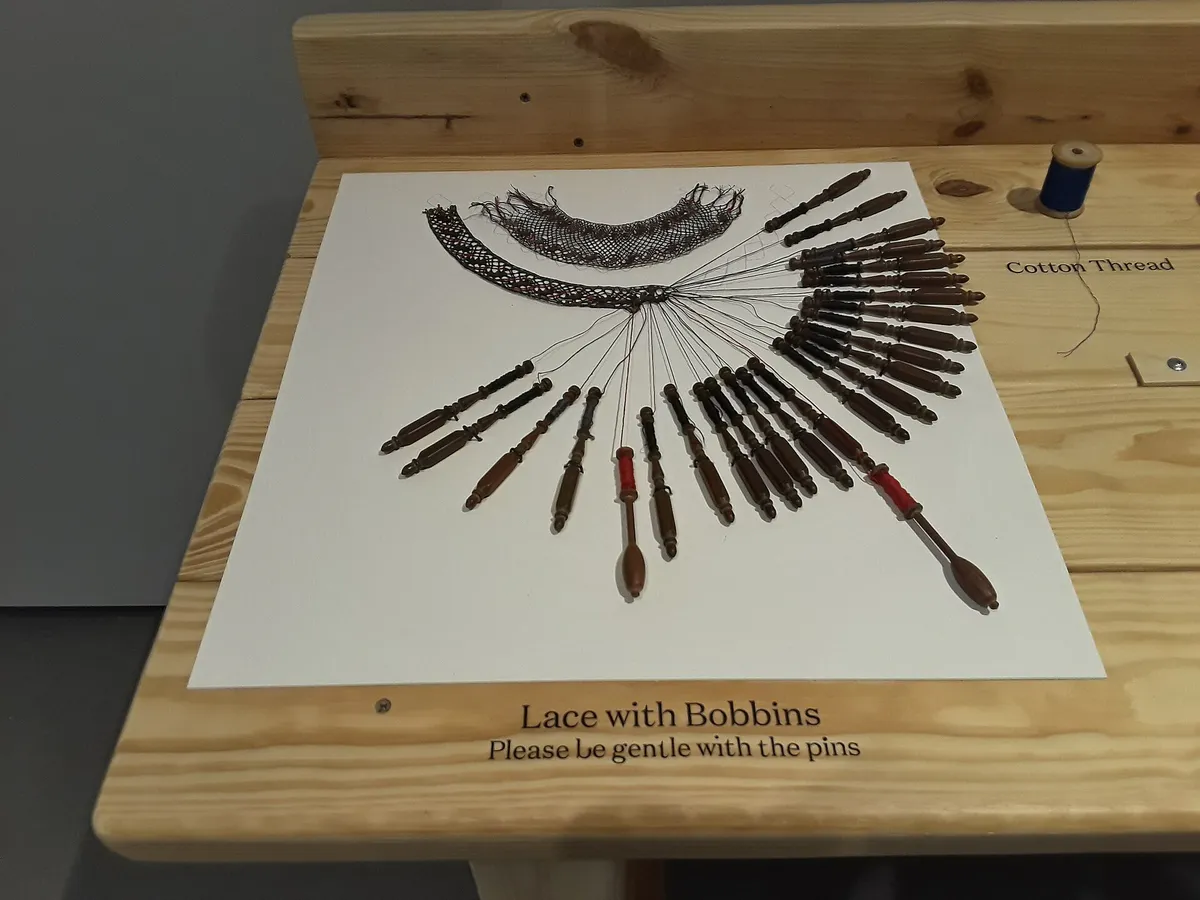 Display of bobbins and lace at the Baltimore Museum of Art, Maryland