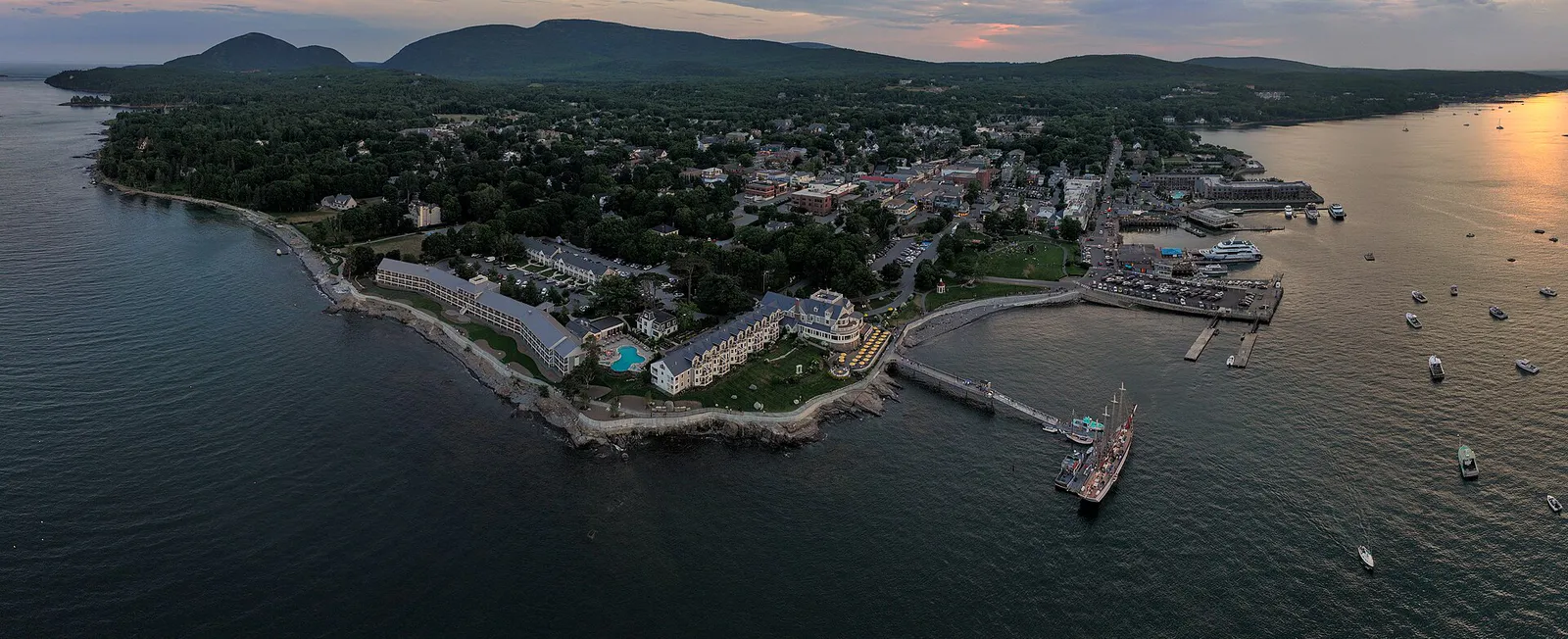 Aerial view of Bar Harbor, ME at sunset 2024-07-18, Maine