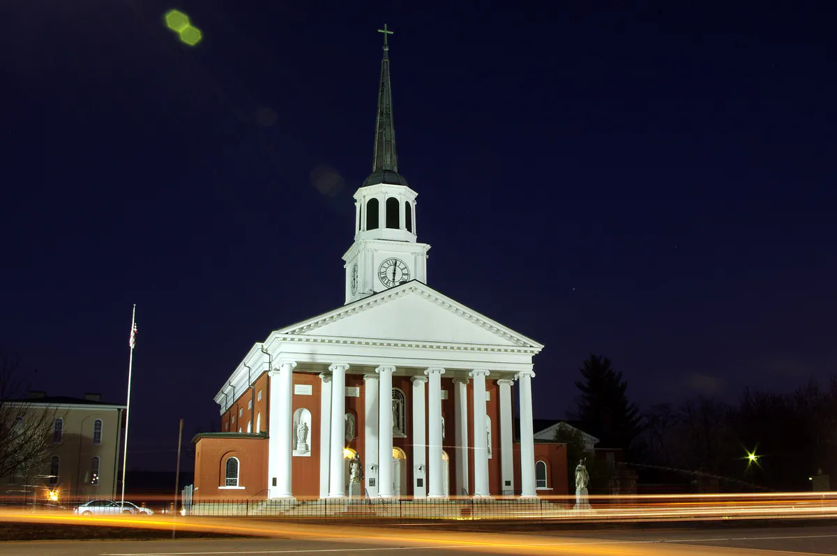 Basilica of Saint Joseph Proto-Cathedral (exterior) - after dusk in Bardstown, Kentucky
