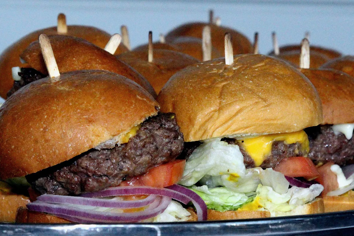 Beef slider sandwiches on a tray in Buena Park, California