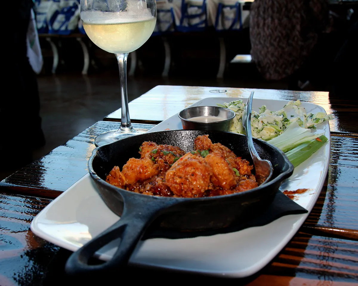 Buffalo shrimp served in cast iron pan in Buena Park, California