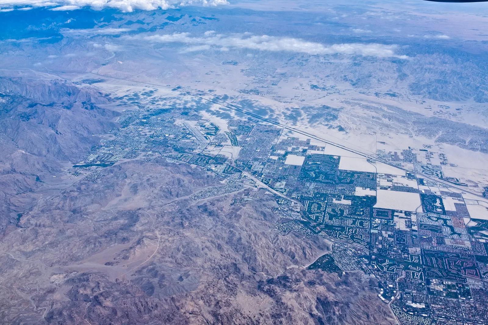 Palm Springs CA (and Palm Springs airport) Cathedral City CA, and Thousand Palms CA, seen from air, California