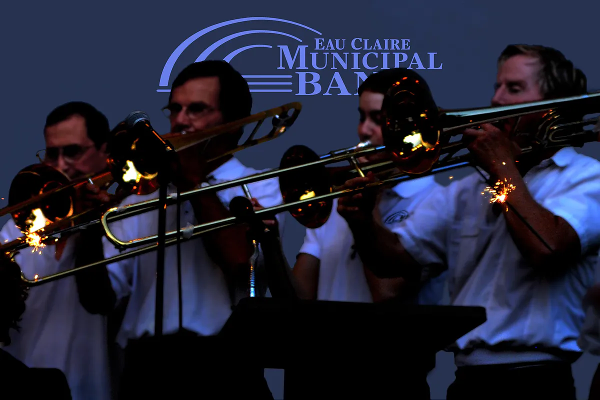 The Trombone Section of the Eau Claire Municipal Band in Eau Claire, Wisconsin's Owen Park