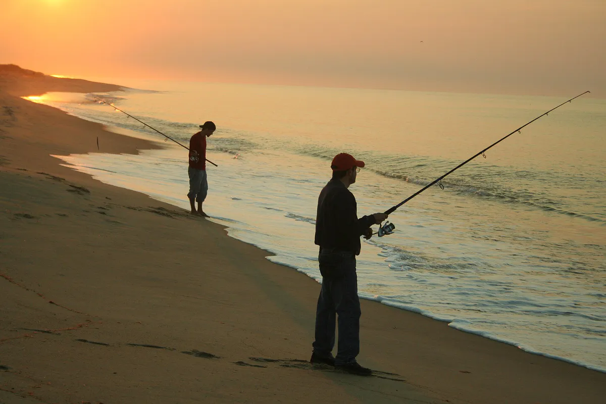 Fishing South Beach - early morning low tide - Katama during fishing derby on Martha's Vineyard, USA in Edgartown, Massachusetts