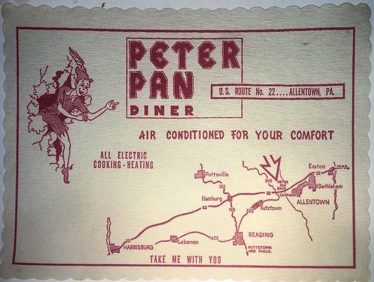 1960 - Peter Pan Diner - Place mat- Allentown PA in Falmouth, Massachusetts