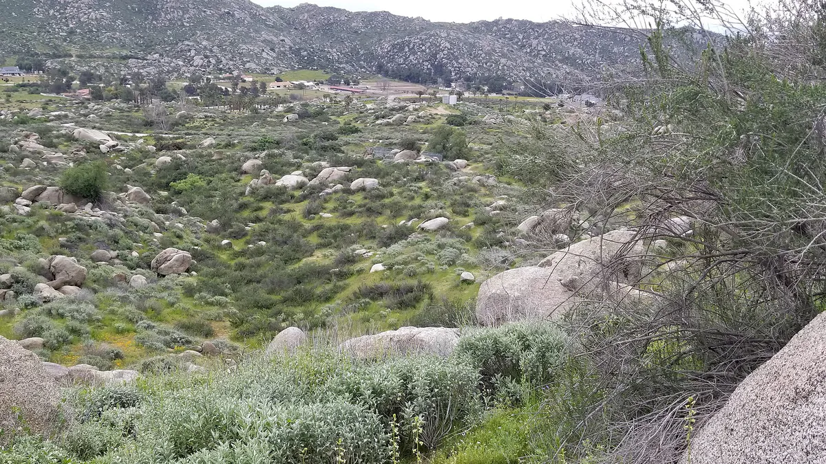 Hemet Maze Stone area, the fencing in the center portion of the photo indicates the location of the maze stone, California