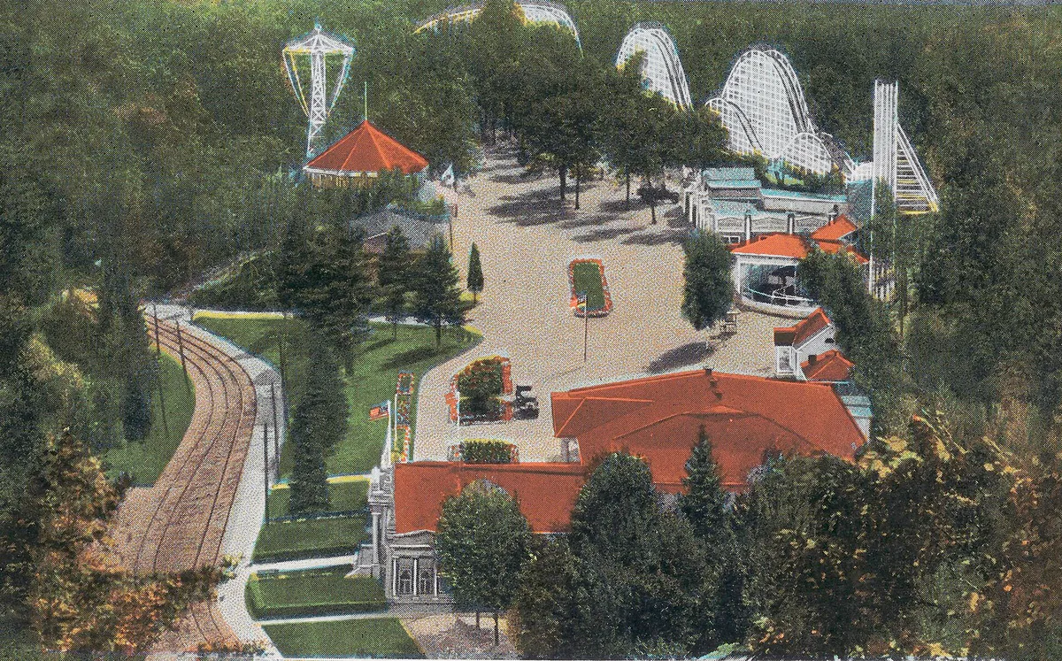 Mountain Park, Midway, with Mountain Wildcat Roller Coaster, c. 1935 (Holyoke, Massachusetts)