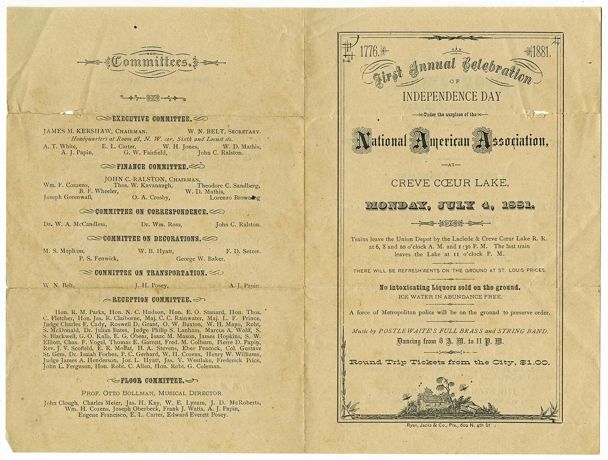 Program for first annual celebration of Independence Day under the auspices of the National American Association, Creve Coeur Lake, July 4, 1881 - DPLA - 9c60f066b13e649719f37021584bef35 (page 1), Missouri
