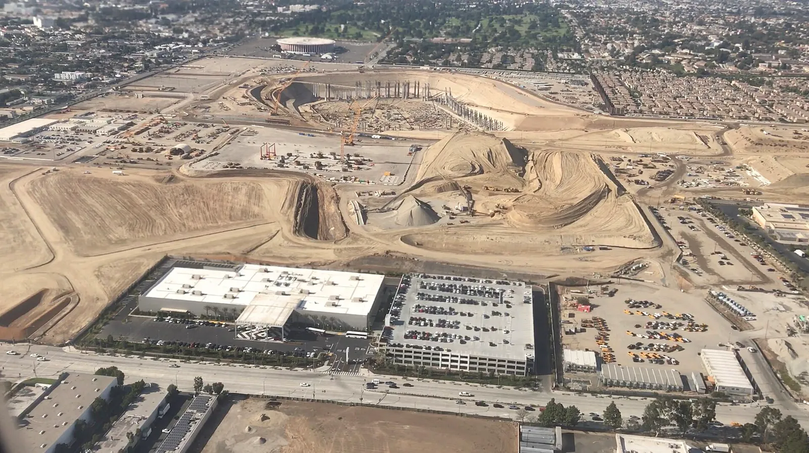 September 2017 aerial view of the construction site of the Los Angeles Stadium at Hollywood Park in Inglewood, California