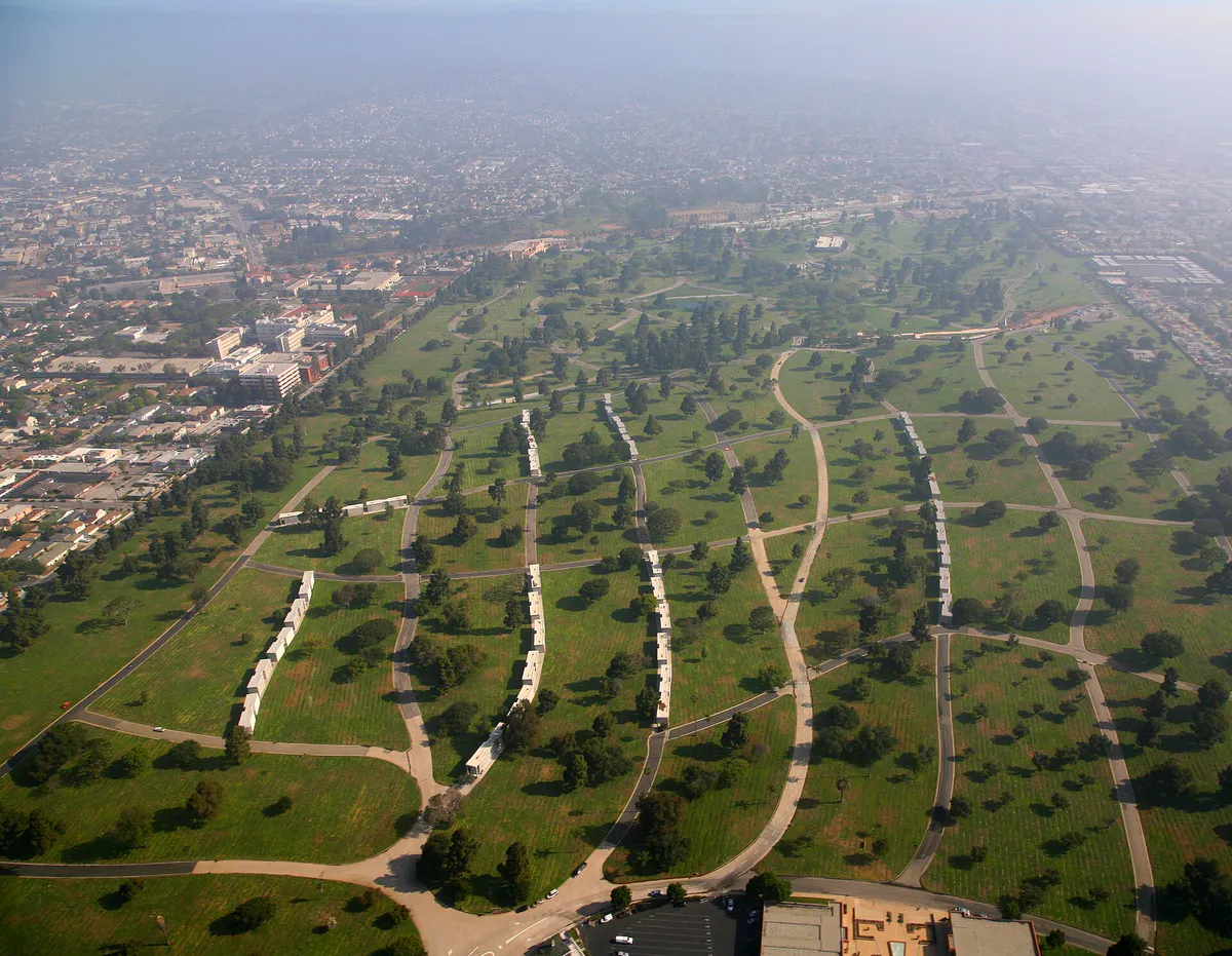 Inglewood Park Cemetery from above-19723848824, California