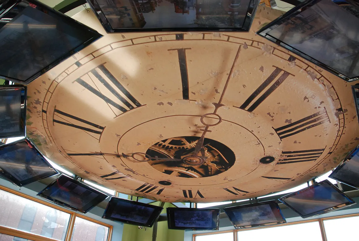 Clock replica on ceiling of second floor -- Kalamazoo Valley Museum 081 (6926494145), Michigan