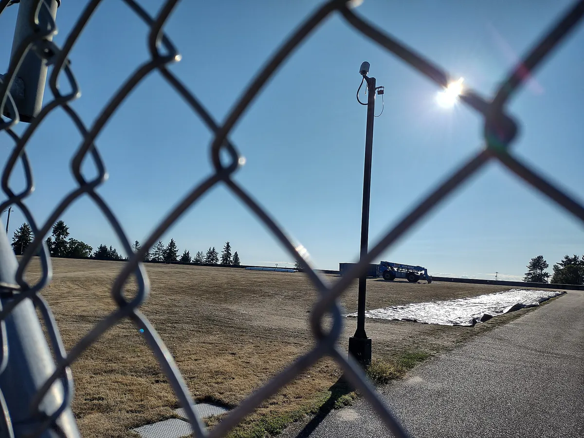 Lake Forest Park Reservoir dam, eastern slope (wide angle), California