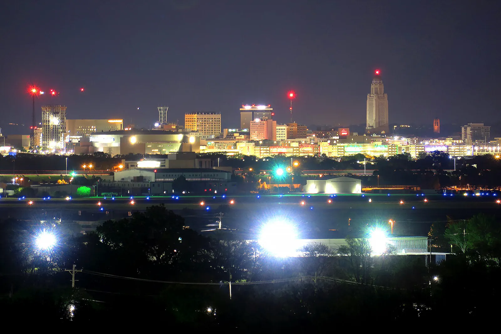 Nighttime skyline of downtown Lincoln, Nebraska, USA (2021, from Arnold Heights Park)