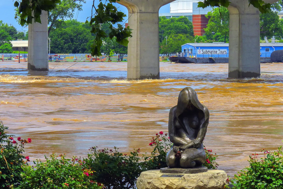 02 June 2019 Flooding of Arkansas River in River Market District of Little Rock Arkansas