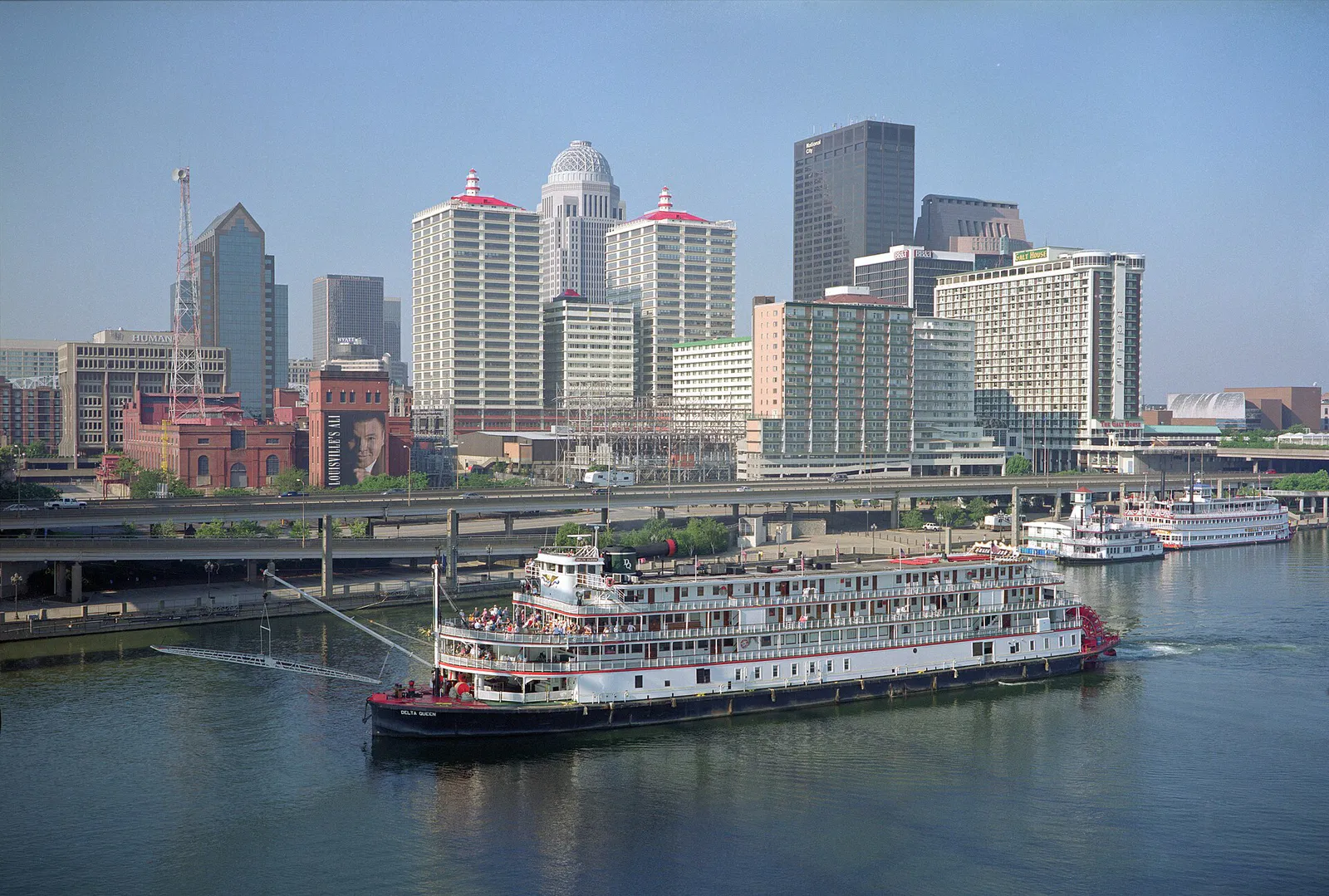 Steamboat Delta Queen and downtown buildings Louisville Kentucky USA Ohio River mile 604 July 2005 file a5g004