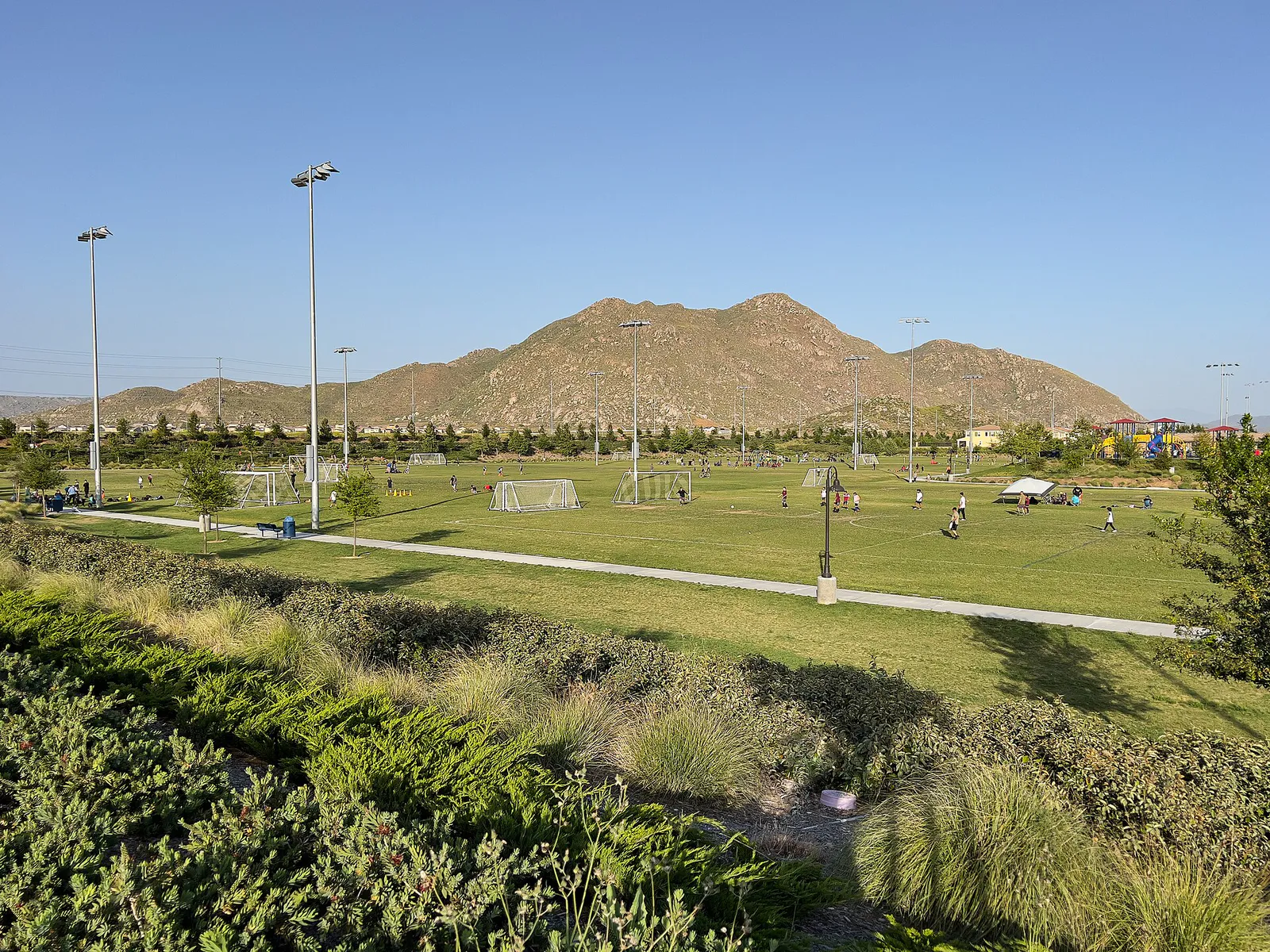 Heritage Lake Sports Park with Double Butte Mountain in Background in Menifee, California