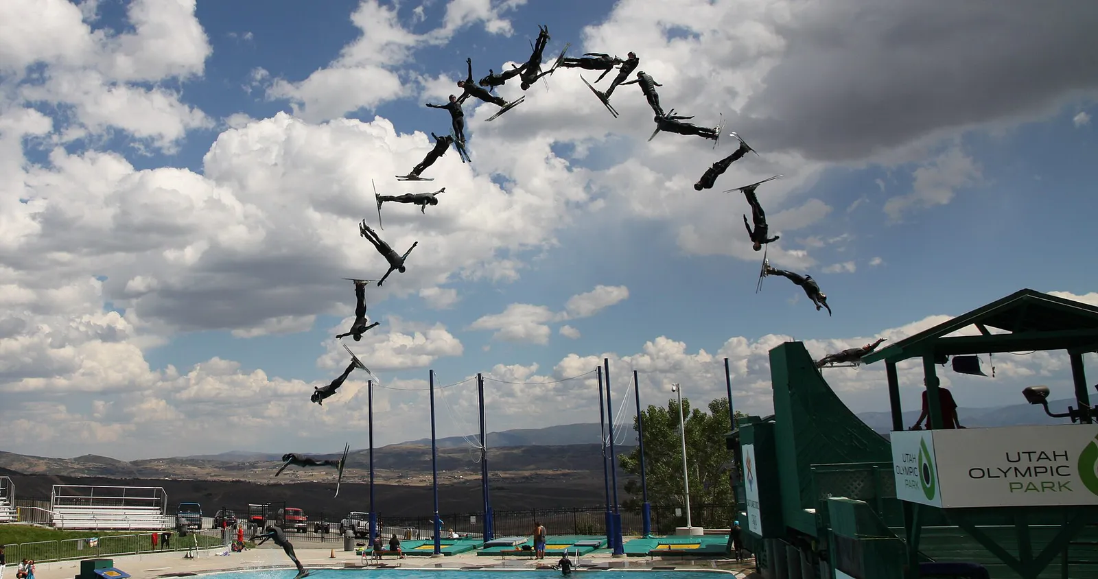 David Morris Aerial Ski training at Utah Olympic Park, Park City, Utah. Multi shot by Peter Morris (cropped)