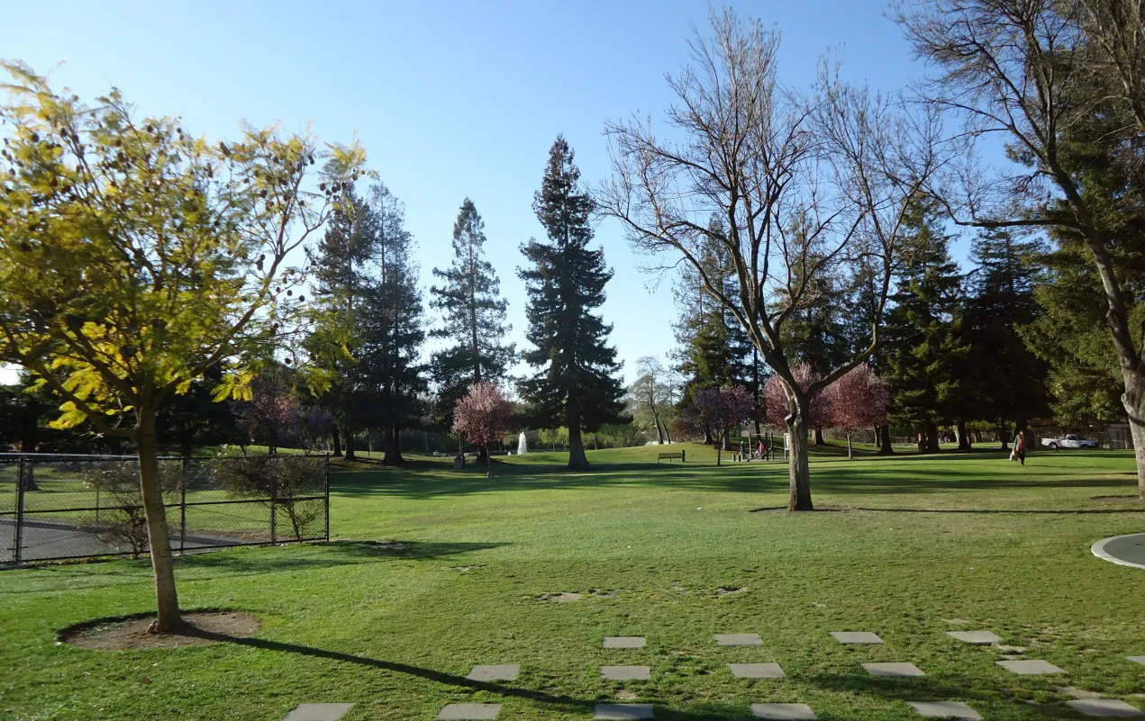 Santa Clara city park with lawn and trees, California