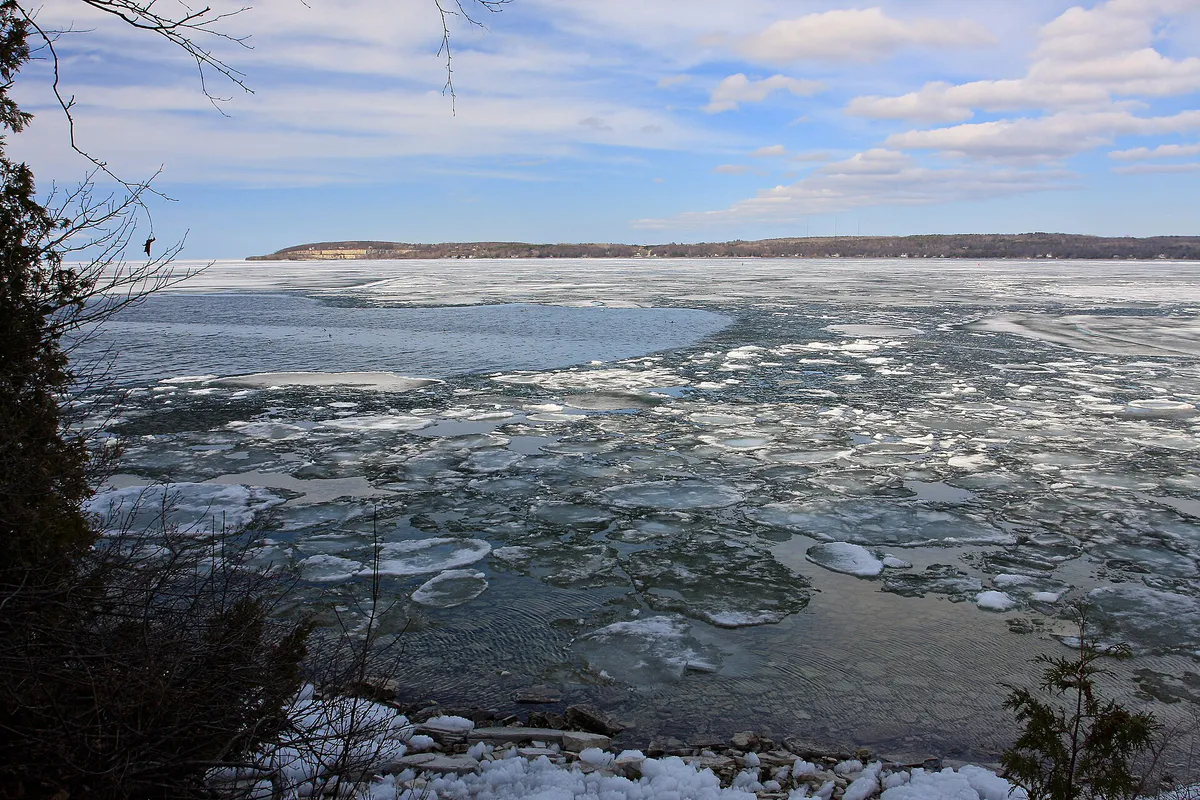 View of the Old Stone Quarry at George K. Pinney County Park across Sturgeon Bay from Potawatomi State Park in Door County, Wisconsin, April 26, 2014