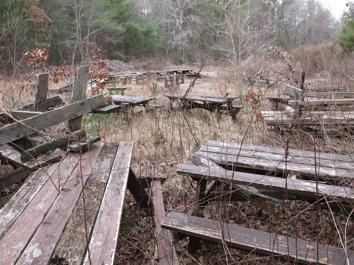 Abandoned picnic tables in Massasoit State Park, Taunton MA, Massachusetts