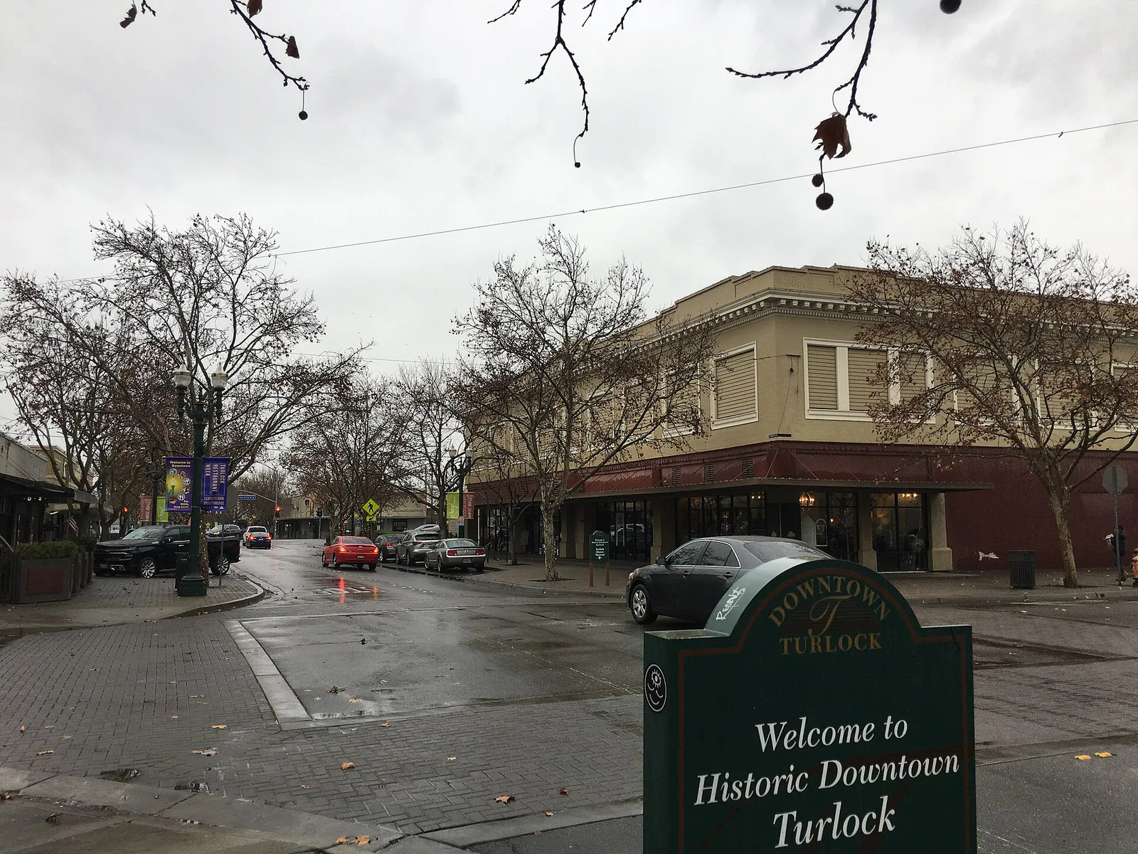 Downtown Turlock on a rainy day, California