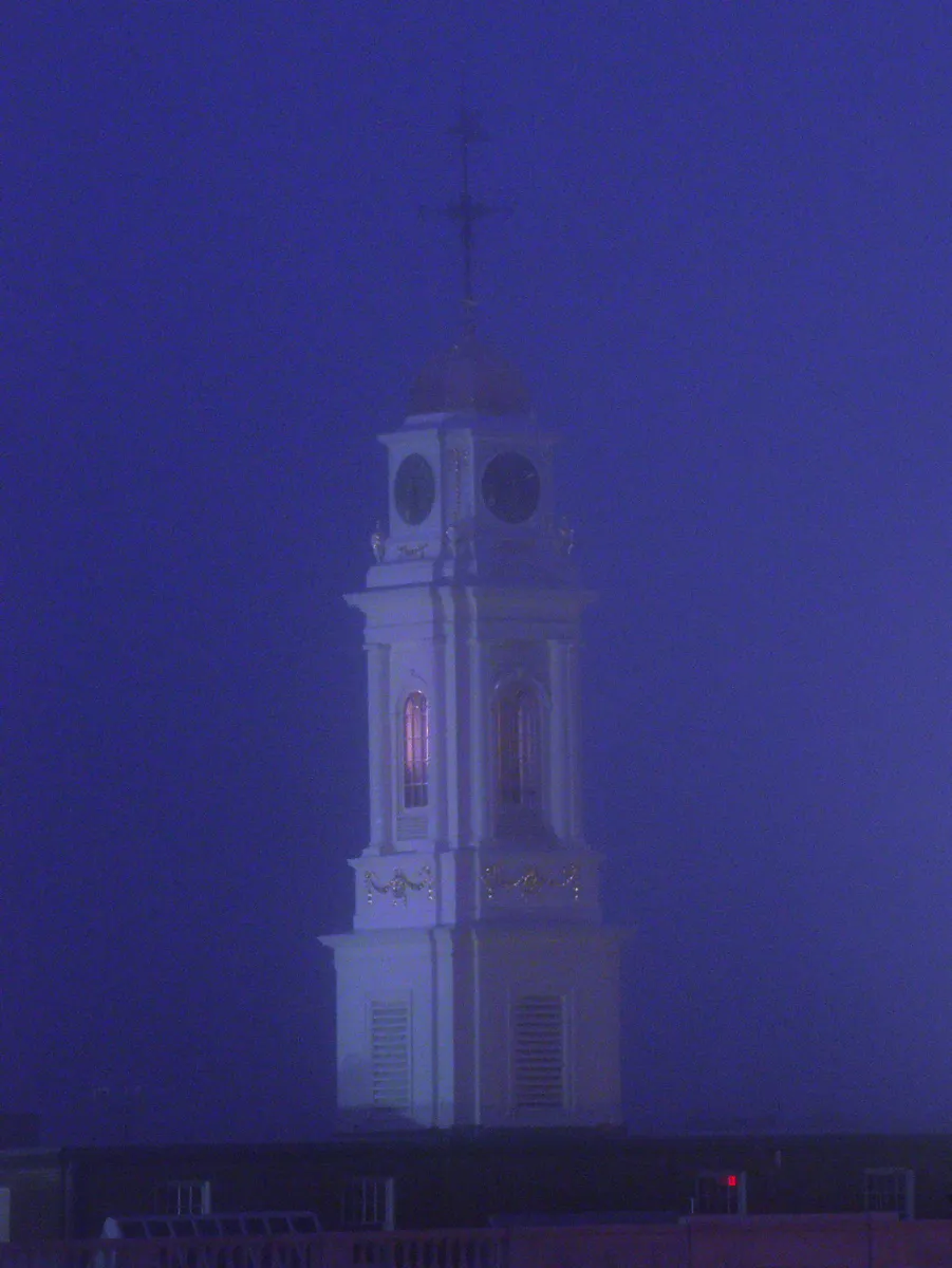 Waterbury City Hall clock tower - foggy evening, Connecticut